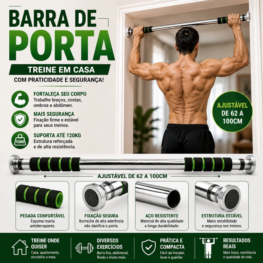 Barra De Porta Fixa Ajustável Profissional Multifuncional Aço inoxidável Suporta até 100kg 60 x100cm