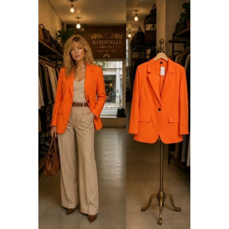 ​Blazer Laranja Shein Plus Size Tam 48 | Casaco Alongado Maxxi Blazer Alfaiataria Colorido Fenda Atrás