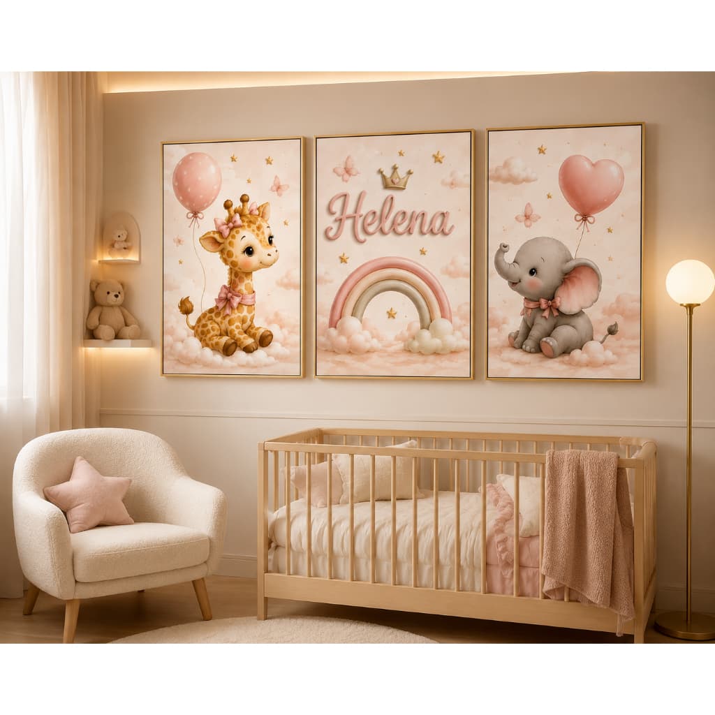Quadro Infantil Safari Personalizado Nome para Quarto de Menina Decoração Bebê Rosa Clean 3 Peças