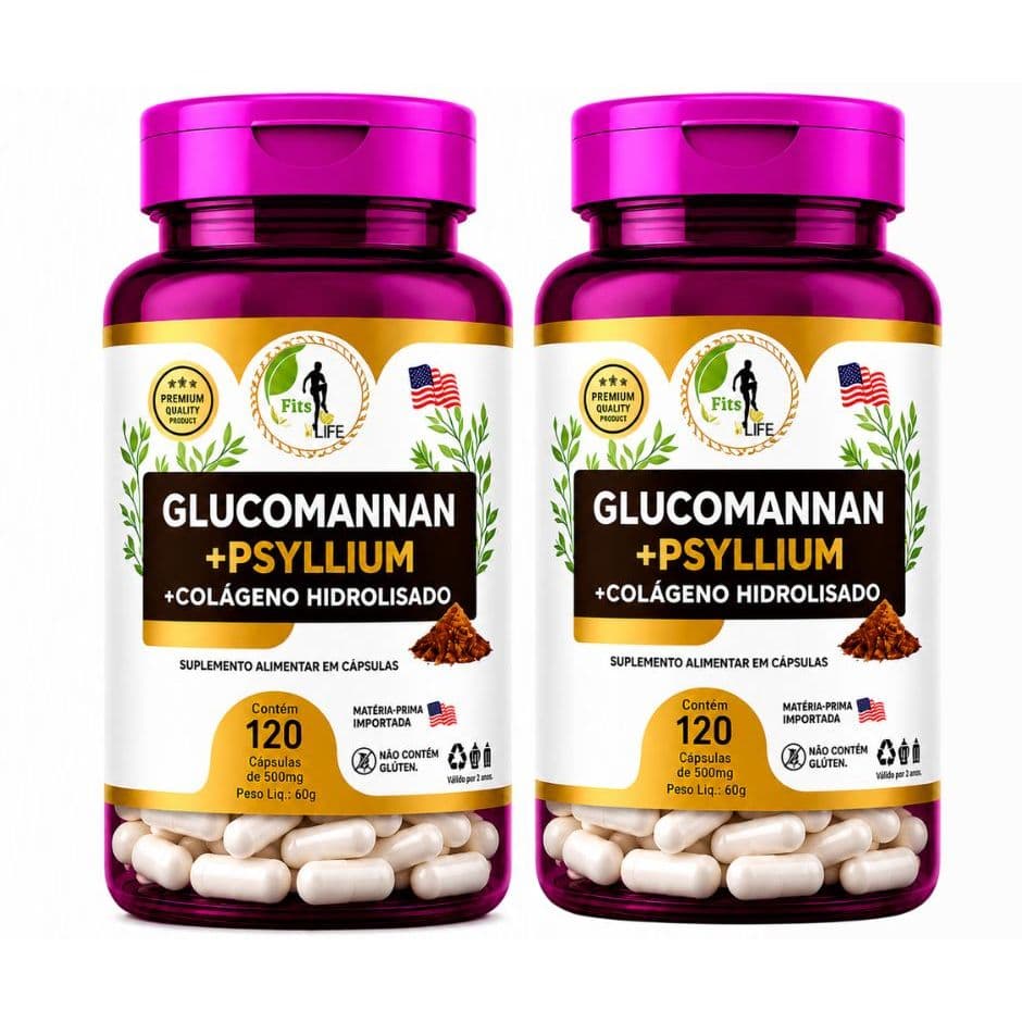 2x Glucomannan + Psyllium + Colágeno Hidrolisado 120 Cápsulas – Suplemento Natural - Envio Imediato