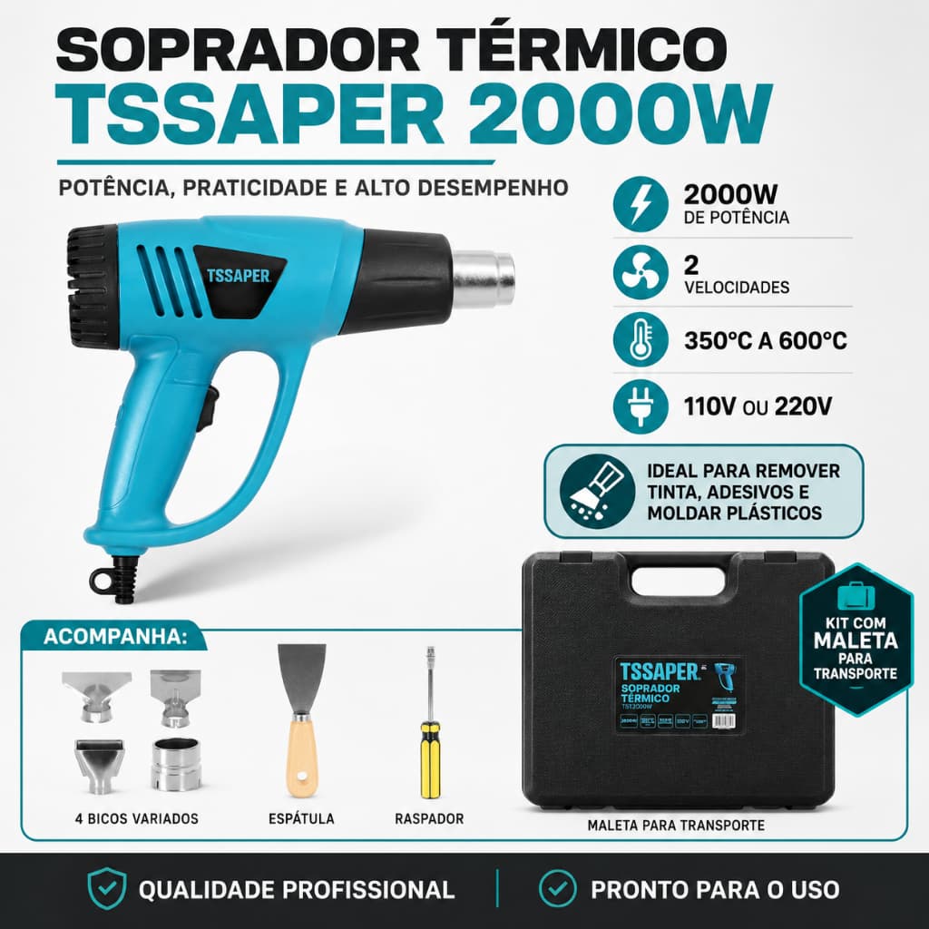 Soprador térmico 2000w 2 velocidades com Maleta e Acessórios Tssaper