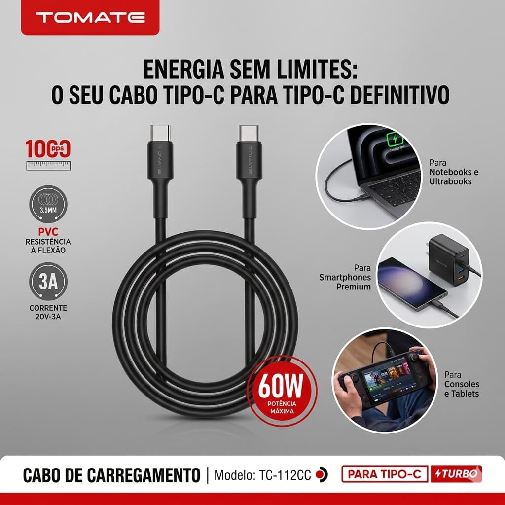 Cabo Tipo c Turbo 60W USB-C Para Tipo C  Carregador Rápido USB-C 3A Compatível Celular Tablet Notebook