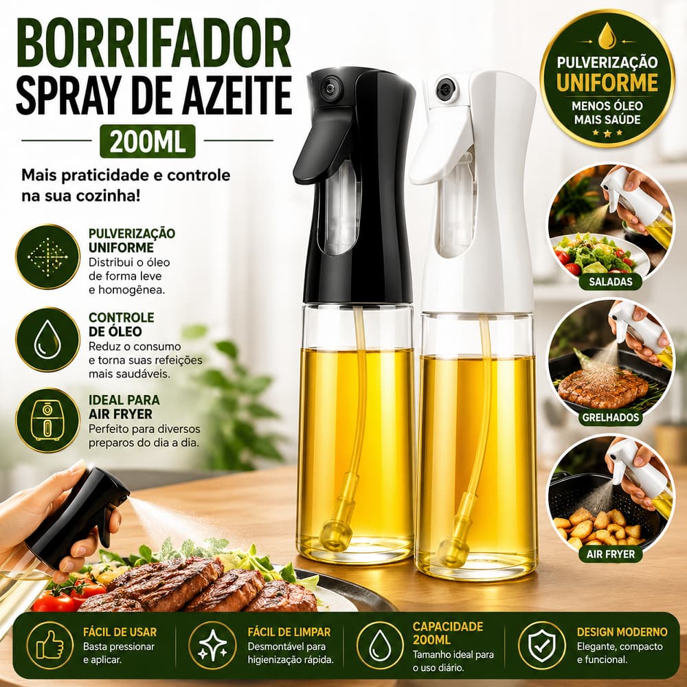 Borrifador Spray de Azeite Óleo 200ml Pulverizador Culinário para Cozinha Vinagreiro Dosador