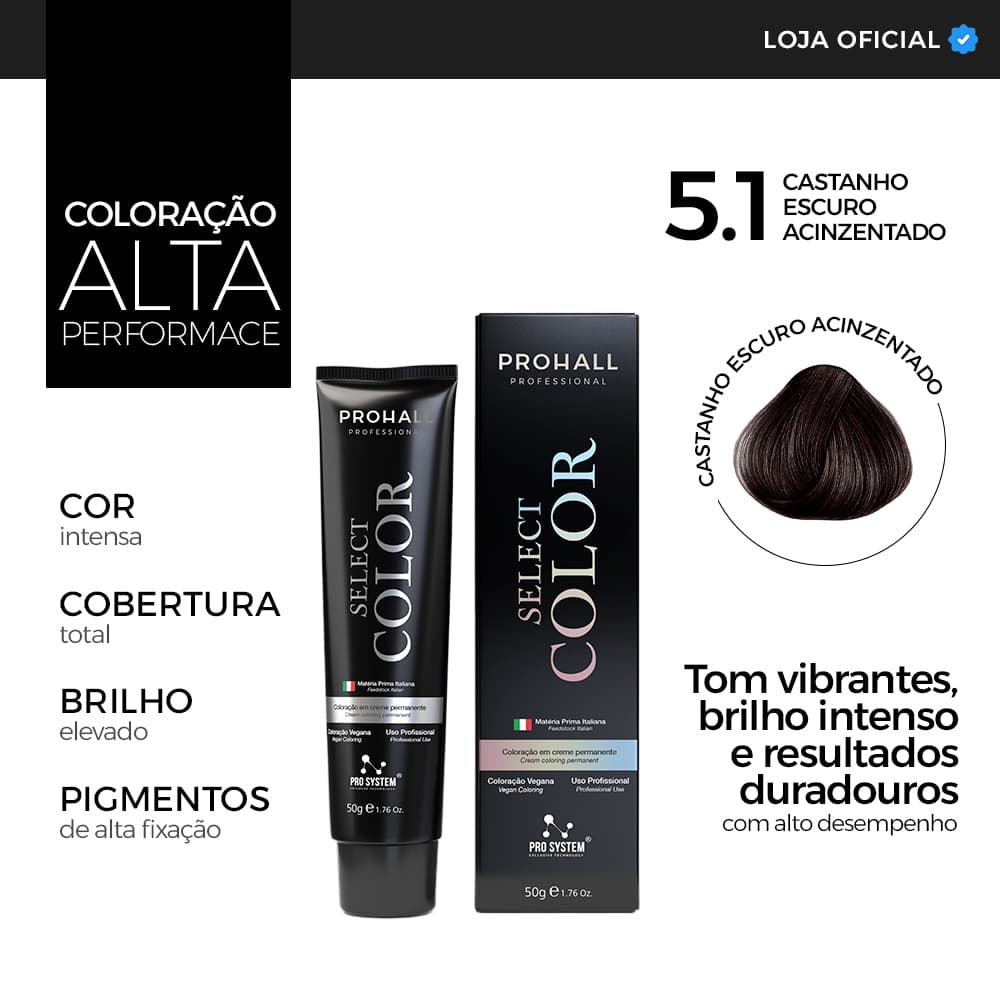Coloração Profissional 5.1 Cabelo Castanho Escuro Acinzentado Tinta Capilar Premium Prohall