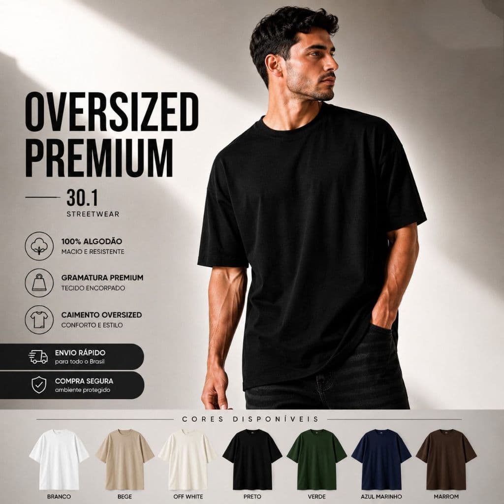 Camiseta Oversized Streetwear Masculina Gola Alta