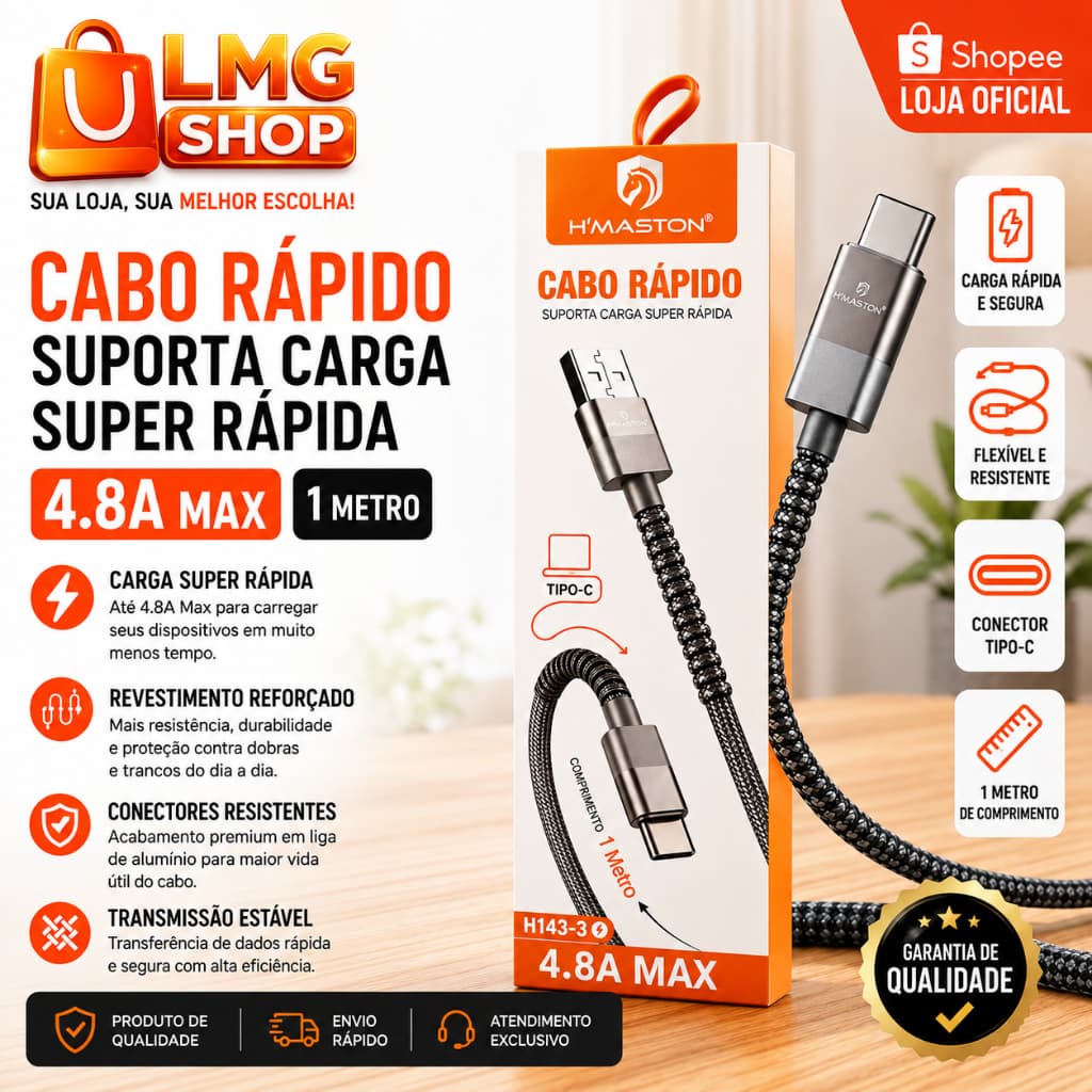 Cabo USB Tipo-C H'Mastonm Fast Charge 4.8A -  Reforçado Turbo 1 Metro Premium Samsung Apple PC Notebook - LMG Shop