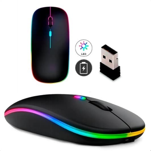 Mouse Sem Fio Recarregável Wireless Optico Led Rgb Ergonômico Sem Fio Recarregável Para Pc Desktop Notebook Preto Branco