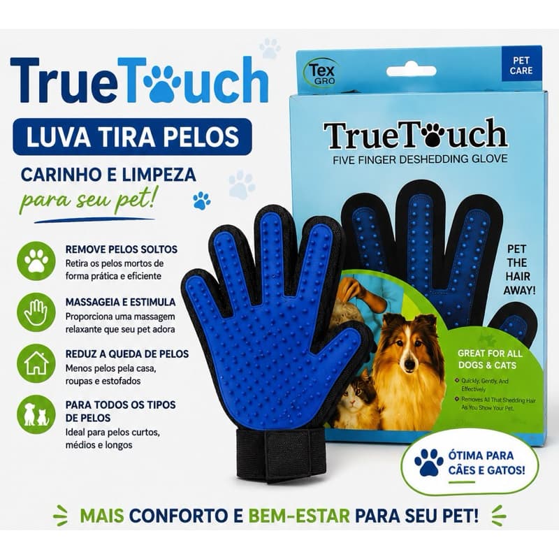 Luva Tira Pelos Pet Massageadora TrueTouch Para Cães e Gatos