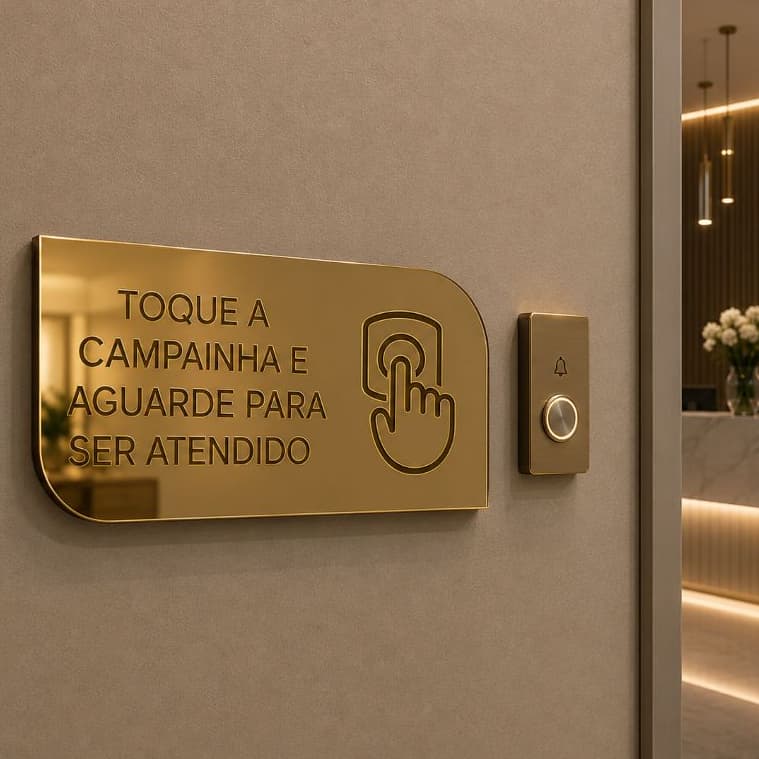 Toque a campainha para ser atendido placa em acrílico espelhado
