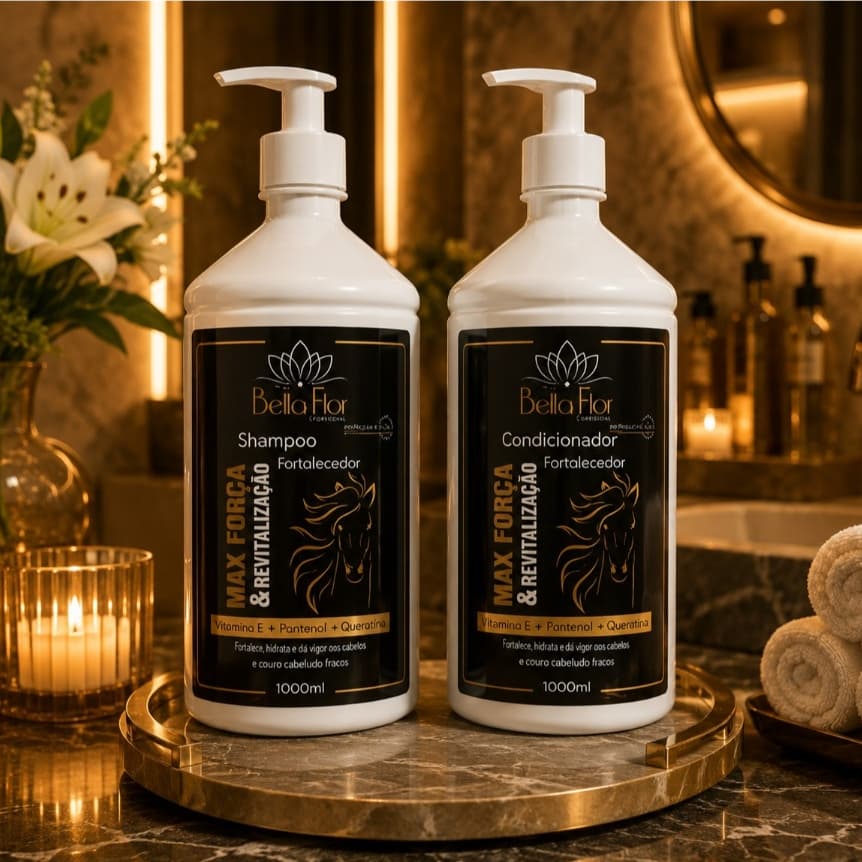 Kit Shampoo e Condicionador Capilar Max Força e Revitalização Frasco Economico 1L Cada - Bella Flor Profissional