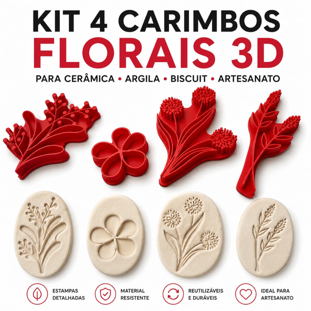 Kit 4 Carimbos Florais 3D para Argila e Biscuit | Textura Cerâmica Artesanato | Moldes Folhas Decorativas
