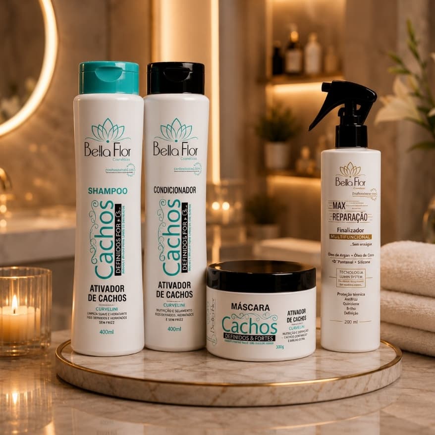 Kit Capilar Cachos + Max Reparação 4 Produtos Bella Flor Definição Anti-Frizz Profissional
