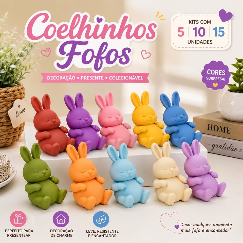 Coelhinhos Decorativos Coloridos Fofo Mini Coelho Colecionável Decoração Cute Kit 5 10 15 Unidades