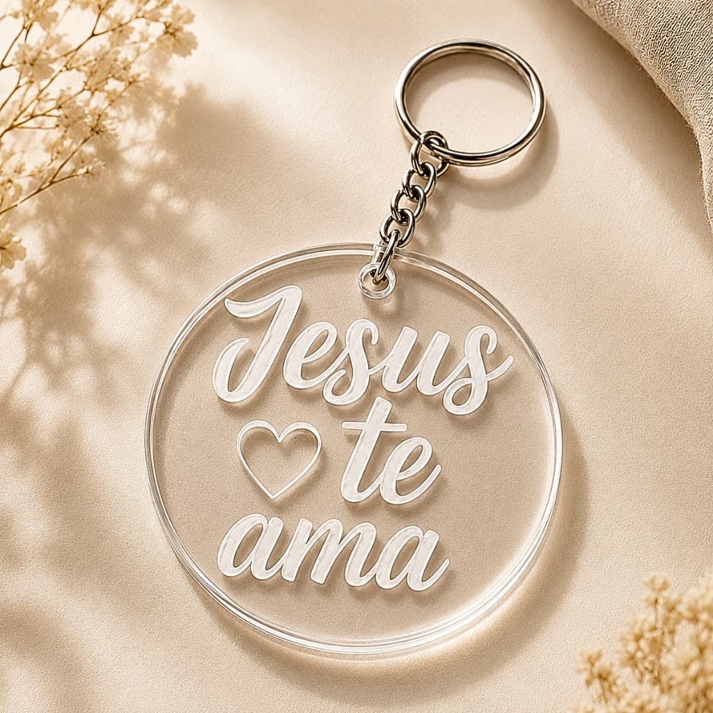 Kit Chaveiro em Acrílico Cristal Jesus Te Ama Transparente Lembrancinha Religiosa Cristã