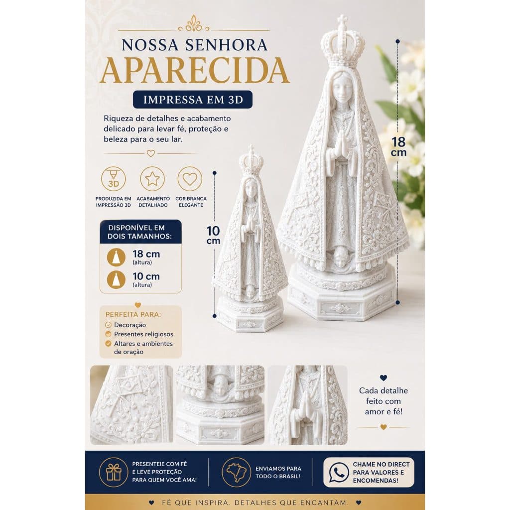 Nossa Senhora Aparecida Impressa em 3D – 10cm e 18cm | Decoração Religiosa