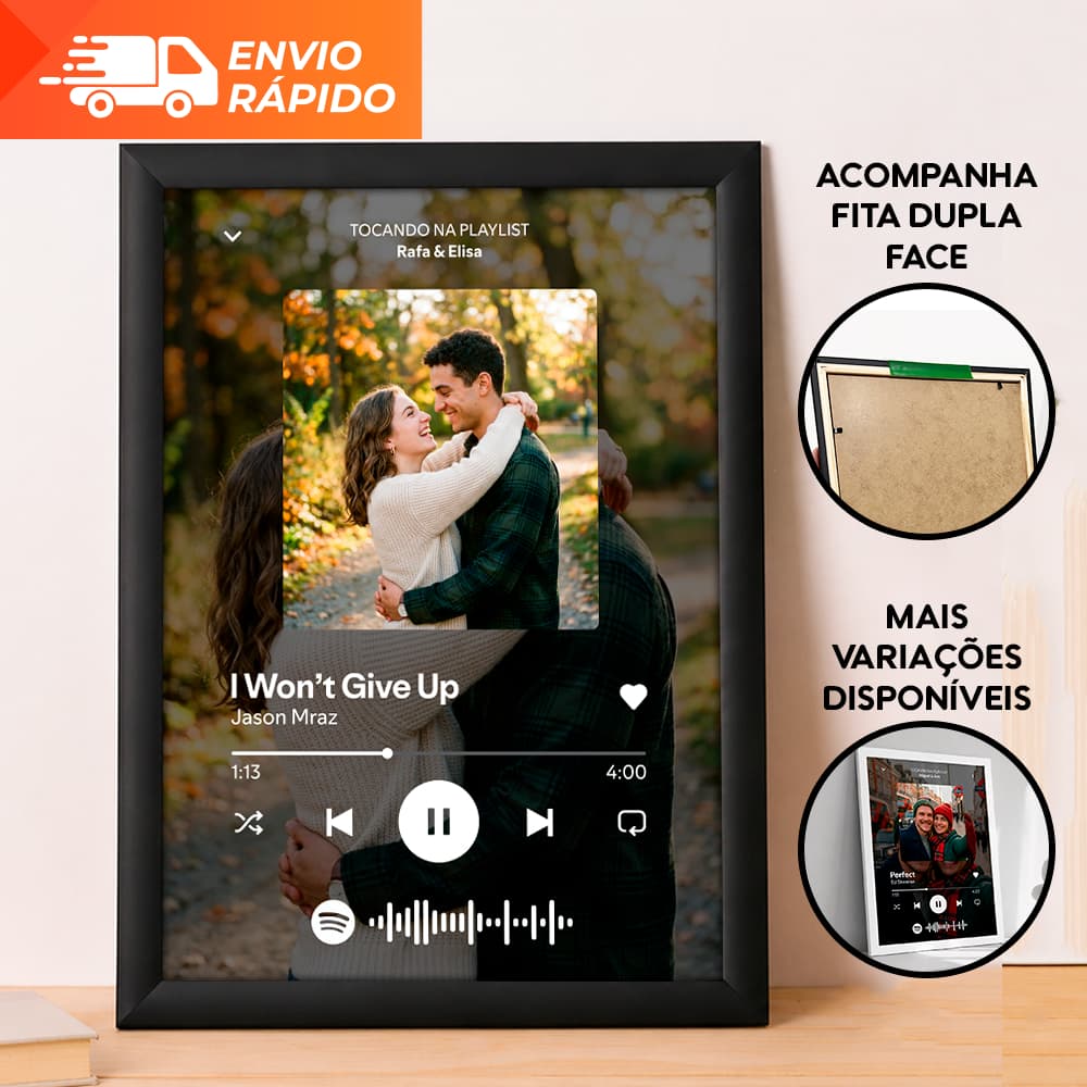 Quadro Personalizado Spotify Moldura Romântico Casal com Acetato e Fita Dupla Face