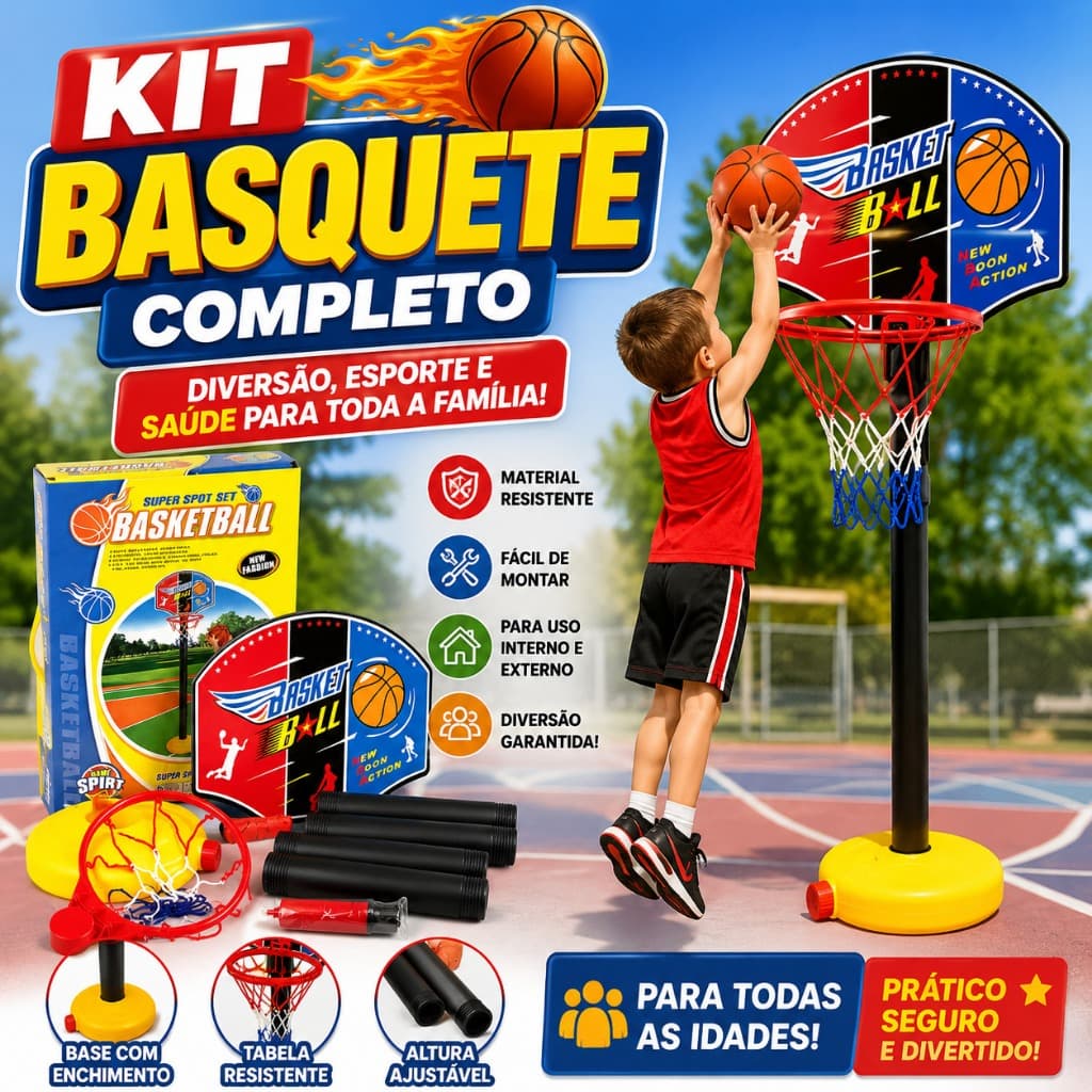 KIT BASQUETE COMPLETO INFANTIL AJUSTÁVEL COM TABELA ARO BOLA E REDE BOMBA DE AR