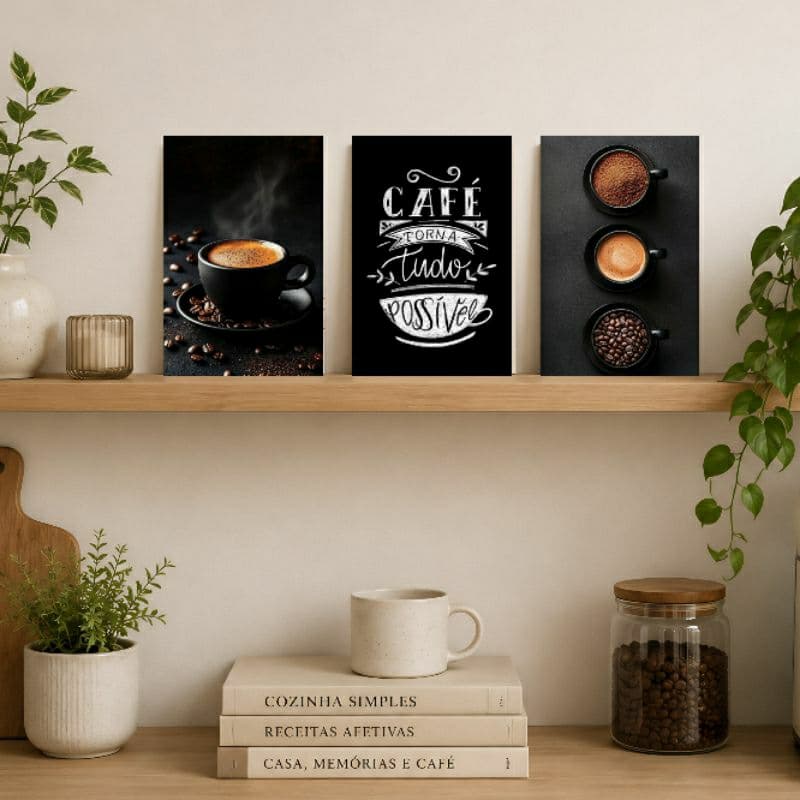 kit 3 placas decorativas cantinho do café astethic, decoração, apartamento, quadrinho café decorativa área lazer