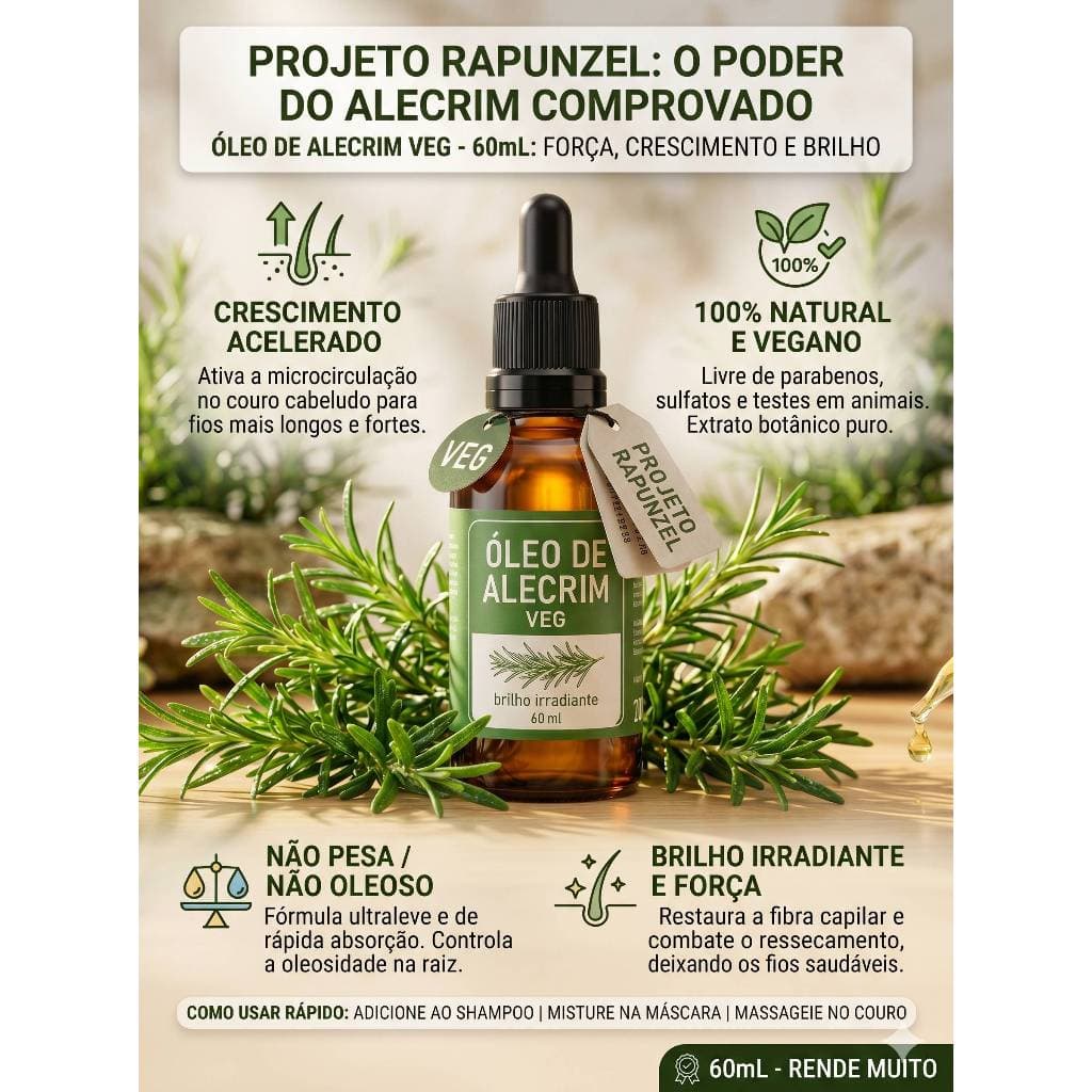 Óleo de Alecrim 100% Veg 60mL – Crescimento Capilar Rápido, Força e Brilho Irradiante
