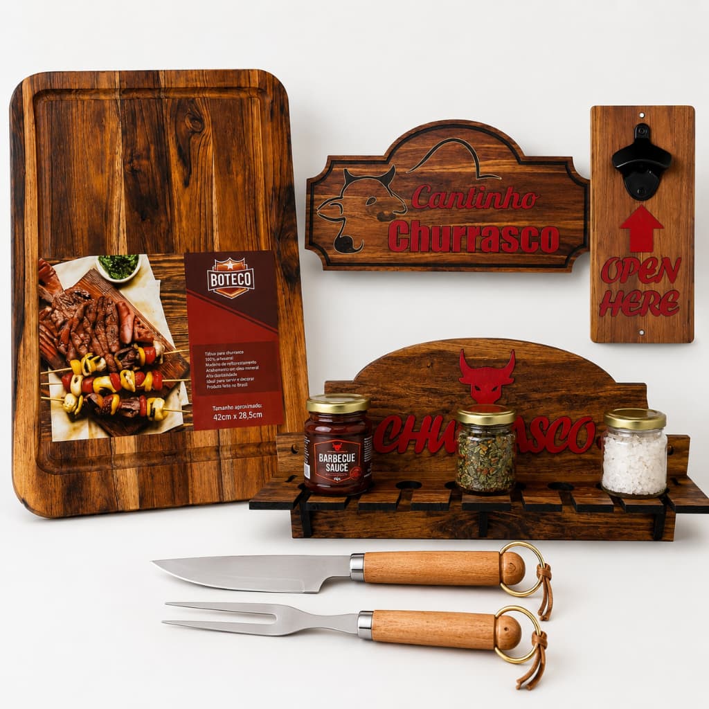 Kit Conjunto para Churrasco MDF 5 Peças Tábua Retangular Faca Garfo Abridor Parede Área Gourmet