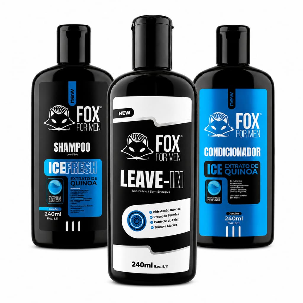 Kit Rotina Masculina Shampoo Condicionador Leave-in Ice Fox For Men Limpeza Hidratação Finalização