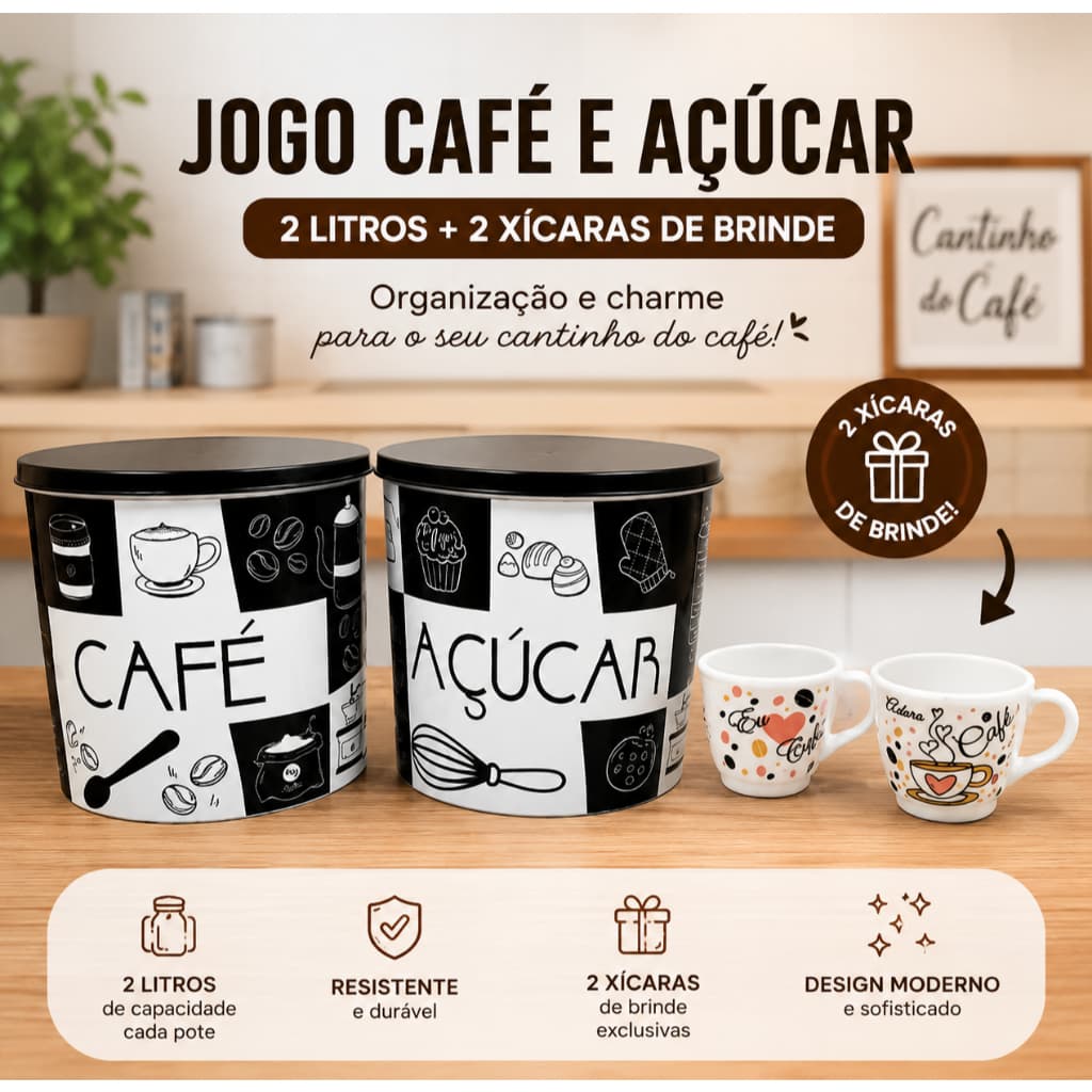 Jogo Café e Açúcar 2 Litros com 2 Xícaras de Brinde | Kit Elegante para Cozinha
