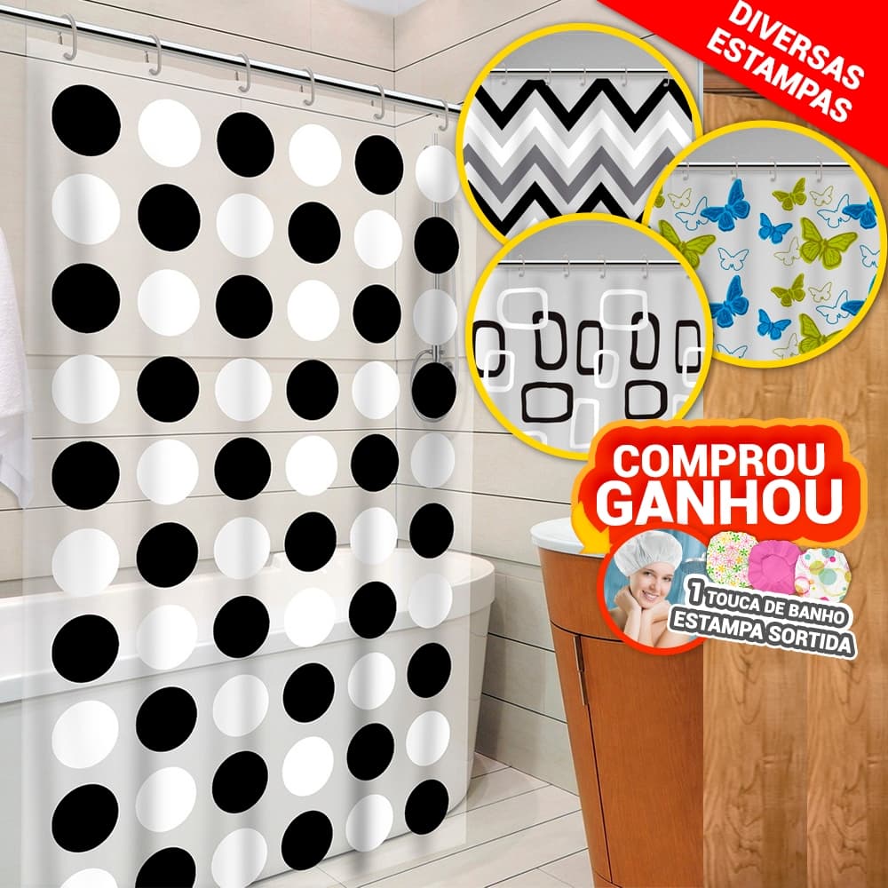 Cortina de Box P/ Banheiro Inteira c/ Gancho Anti Mofo Resistente Alta Qualidade PVC Várias Estampas