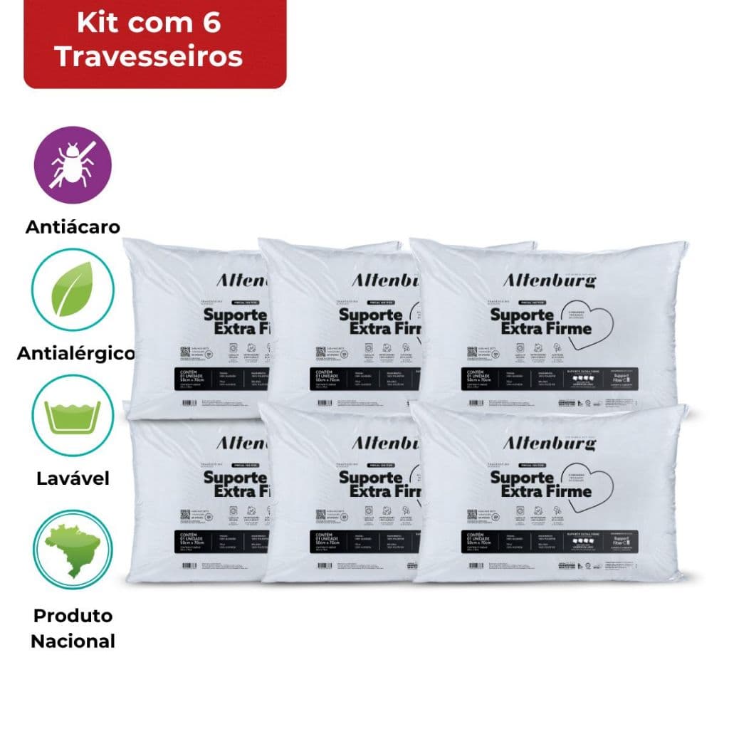 6 Travesseiros Altenburg Suporte Extra Firme Antialérgico Lavável Capa 100% Algodão 180 Fios 50x70cm