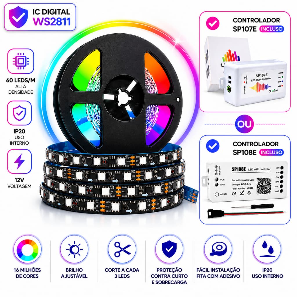Kit Fita Led WS2811 Rgb Digital Endereçável 60 Leds Rolo 5m IP20 + Controladora SP107E ou SP108E