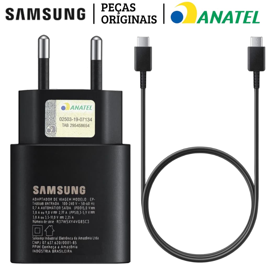Carregador Samsung Turbo 25w Original Cabo Usb-c GH44-03133A GH39-02111A Tipo C Super Fast S25 S21