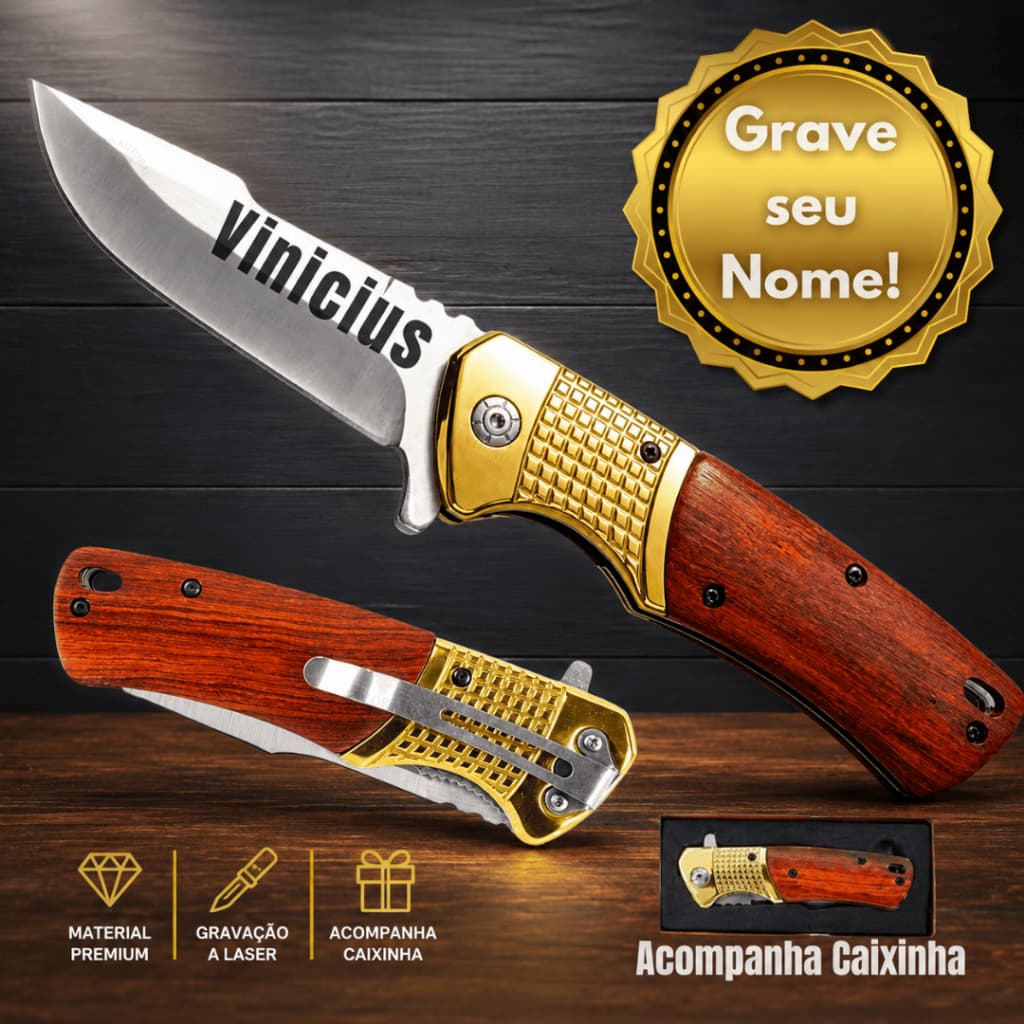 Canivete Luxo Personalizado com Nome com Detalhe Dourado Clip de Bolso