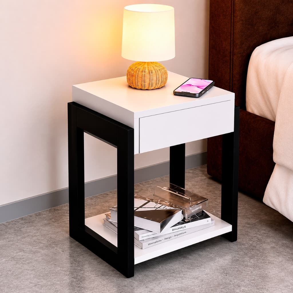 Mesa de Cabeceira Decorativo Retro com Gaveta para Quarto e Nicho