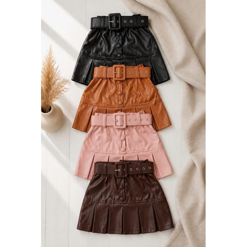 Saia Infantil Couro Fake Plissada Com Cinto Moda Blogueirinha Feminina 2 ao 10