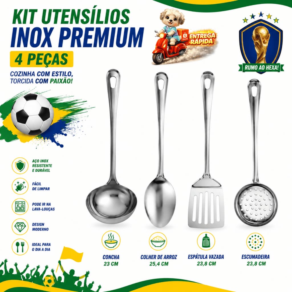 Kit Utensilio Premium aço Inox 4 Pecas Cozinha Restaurante Buffet Colher Concha Espatula Escumadeira
