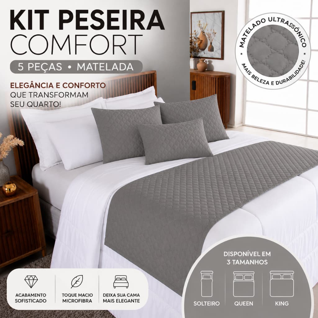 Kit Peseira Cama Solteiro Casal Queen King Matelada 5 Peças Decorativa Almofada Cheia Confort