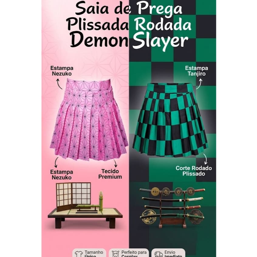 Saia De Prega Plissada Rodada Anime Demon Slayer Nezuko