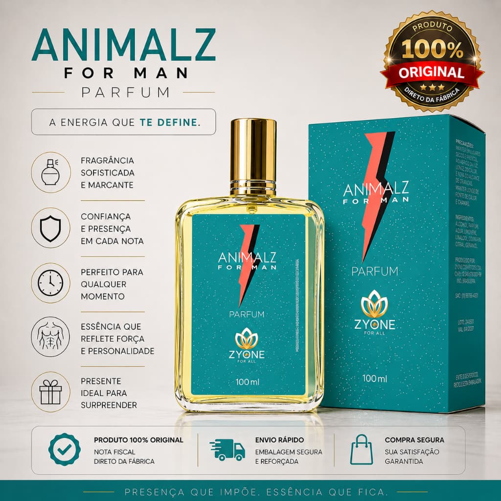 Animalz Zyone Cosméticos Masculino Parfum 100ml Alta Fixação Essência Premium
