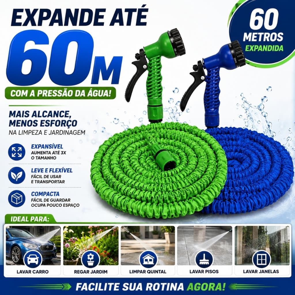 Mangueira Mágica Expansível 60m com Gatilho Multi Jatos Alta Pressão