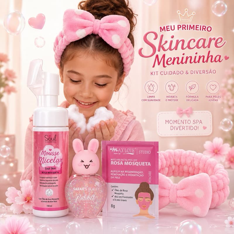 Kit Skincare Infantil Presente Completo Menina Mousse Facial + Tiara Nuvem + Gloss + Máscara Labial Presente