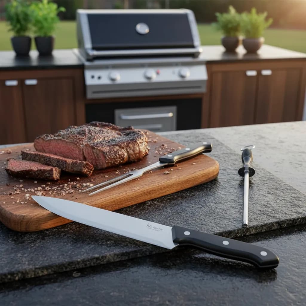 Kit 3 Peças Churrasco Faca Chaira Garfo Inox Cozinha Churrasqueiro Amolador completo Kehome