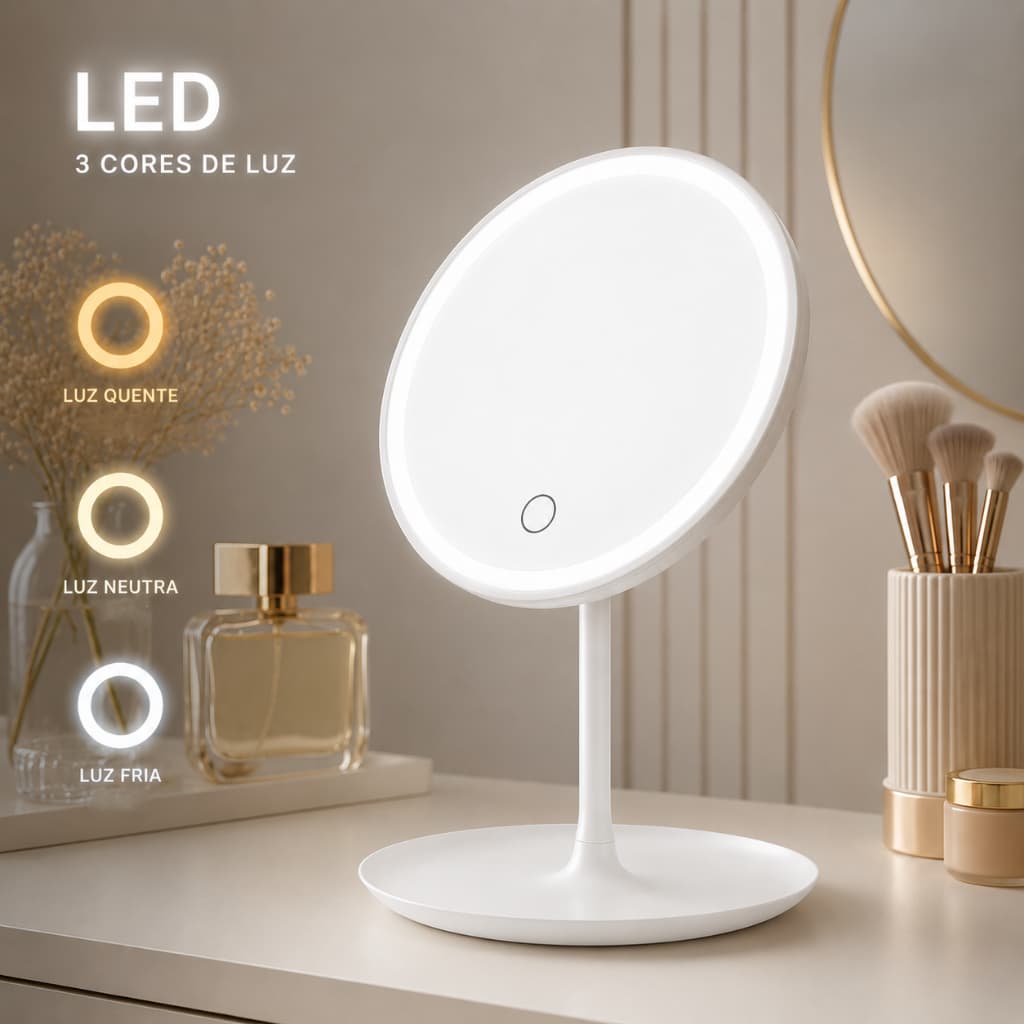 Espelho LED de Mesa Redondo com Porta Maquiagem Recarregável USB Touch Portátil Dobrável Branco