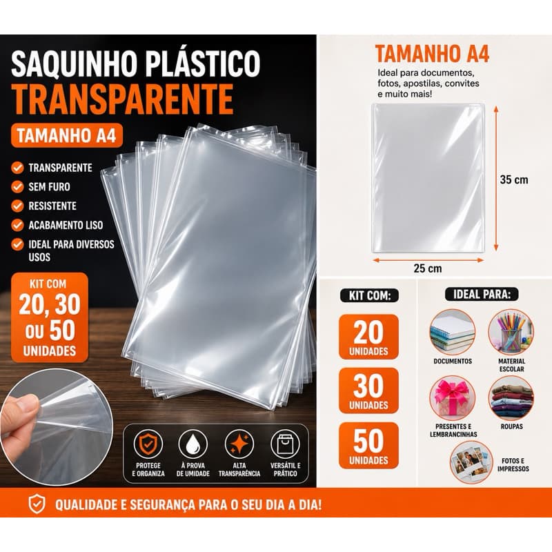 Saquinho Plástico Sem Furo Transparente Tamanho A4 – Kit com 20, 30 ou 50 unidades