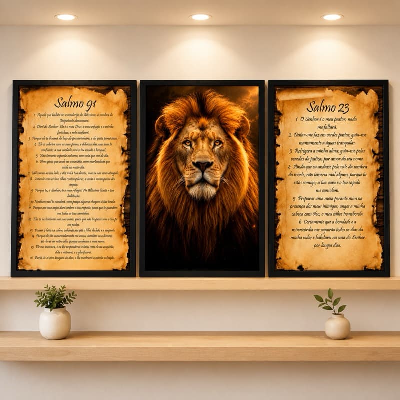 Kit 3 Quadros Decorativos Leão Salmo 91 Salmo 23 Cristãos Quadro Premium