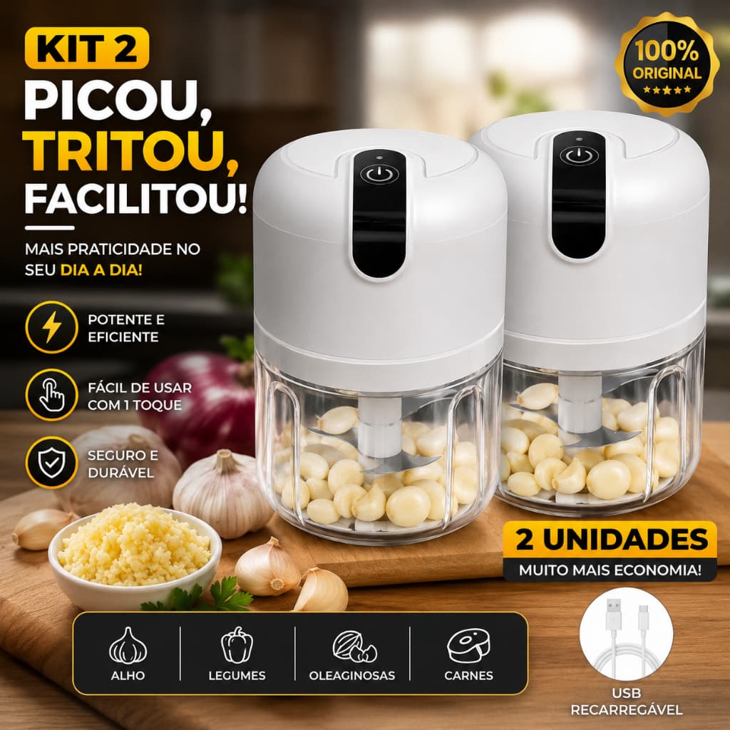 Mini Processador Elétrico Automático Recarregável Triturador de Alho Legumes e Temperos USB