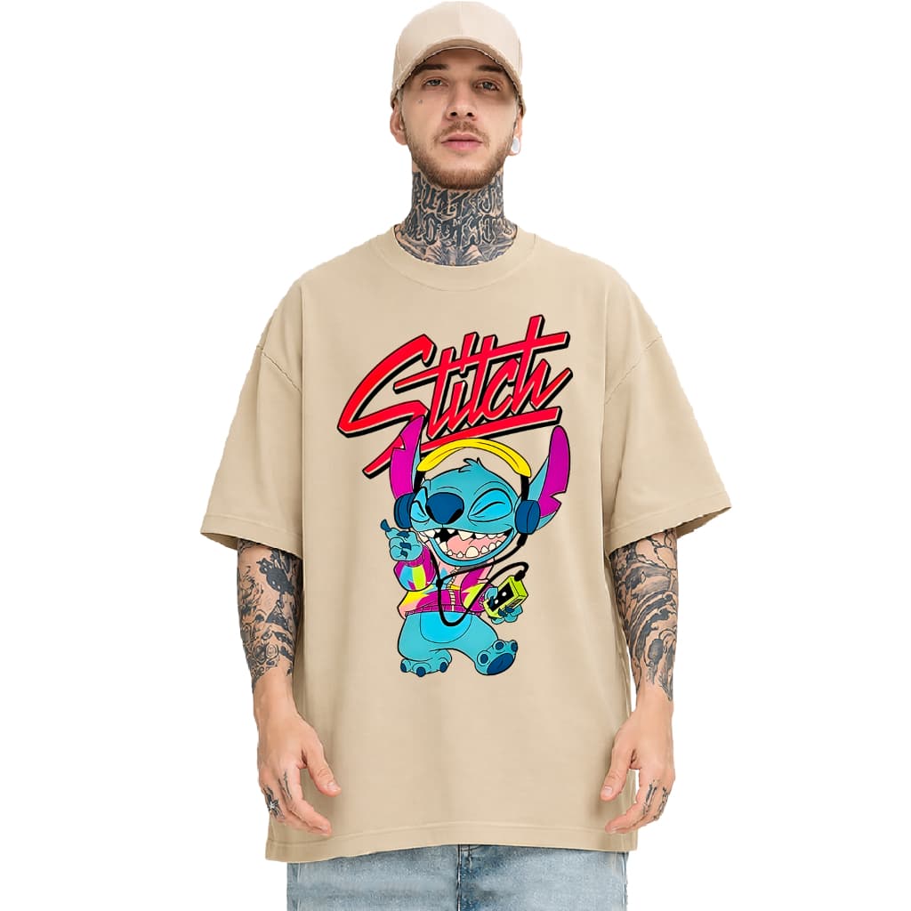 Camiseta Oversized 650 - Stitch Music Unissex Geek Casual Manga Curta Estampa Criativa