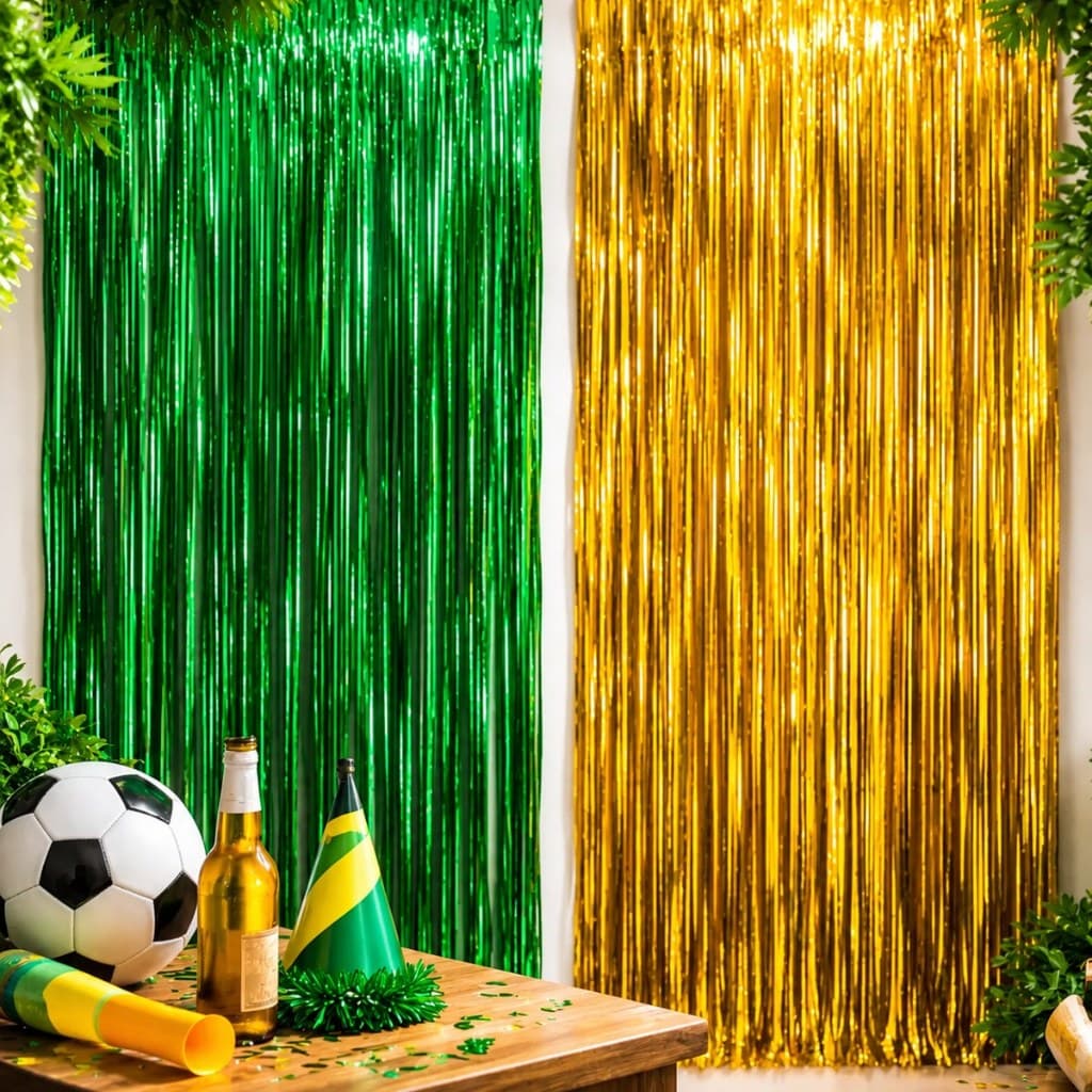 2 Cortina Metalizada Festa Decoração Copa Do Mundo Brasil Verde e Amarelo Torcida