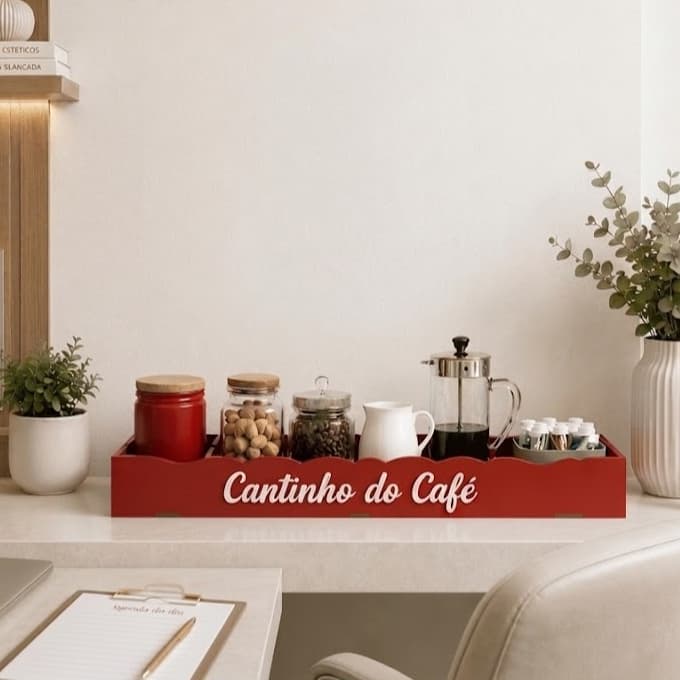 Bandeja para Cantinho do Café MDF Preto Marrom Vermelho 30x20x5cm