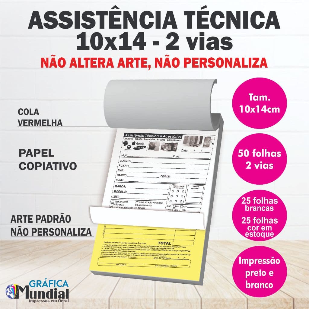 5 Talões Assistência Técnica 2 vias Papel copiativo 50 folhas 10x14 Papelaria Anotações