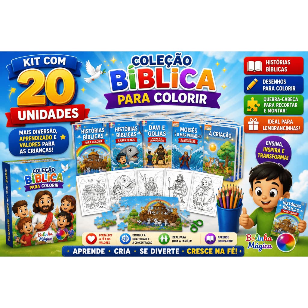 Kit 20 Livrinhos Colorir Bíblico Infantil Atividade Educativa Lembrancinha Escolar Prenda Pintar