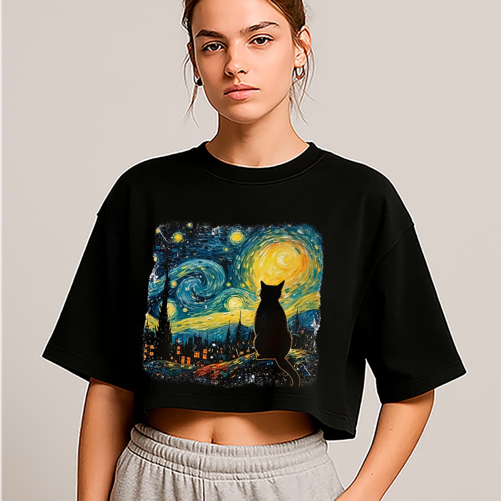 Cropped Oversized Cat Starry Night Tumblr Art Feminino Casual
